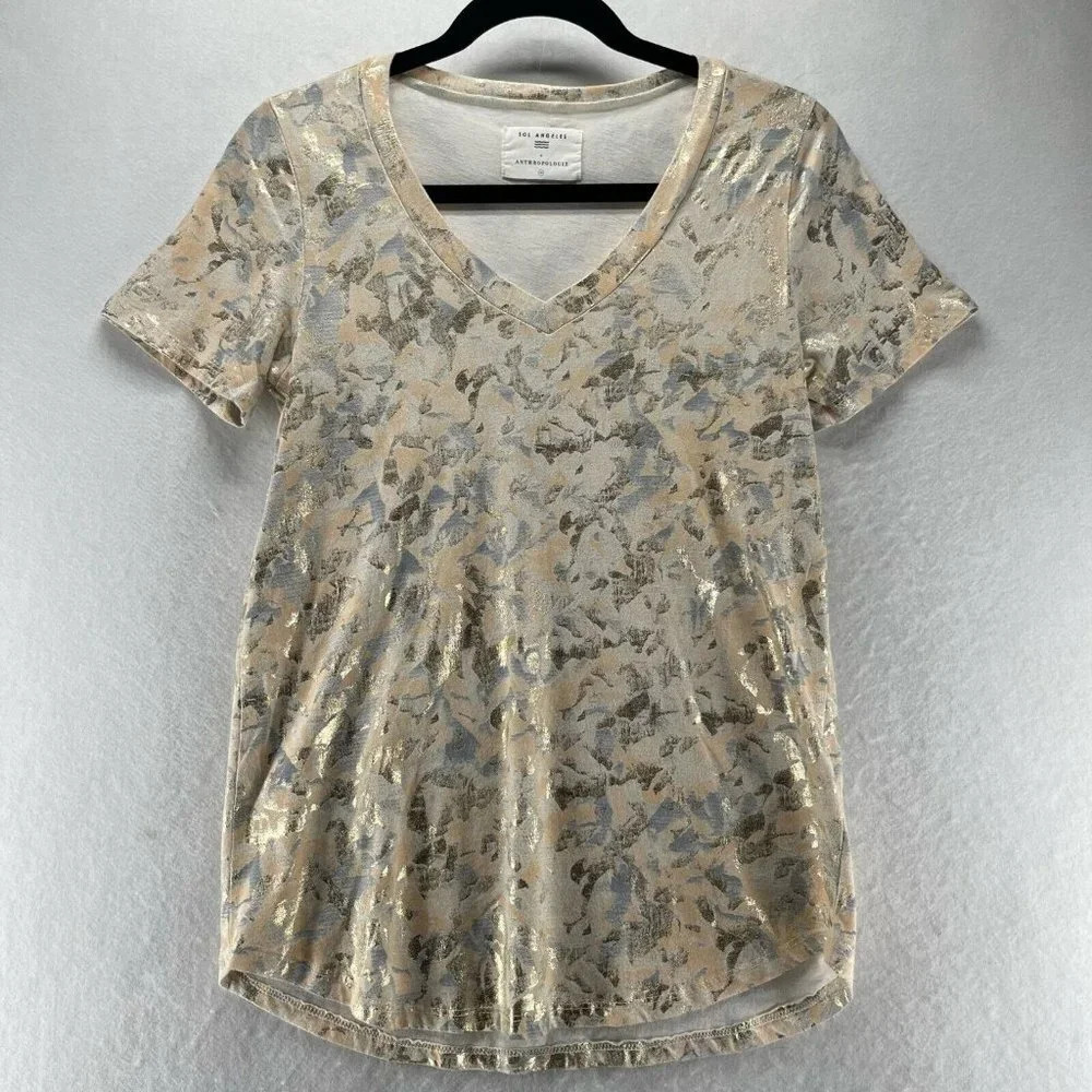 Sol Angeles Anthropologie Womens Sz XS Foiled Floral Short Sleeve Cotton Beige